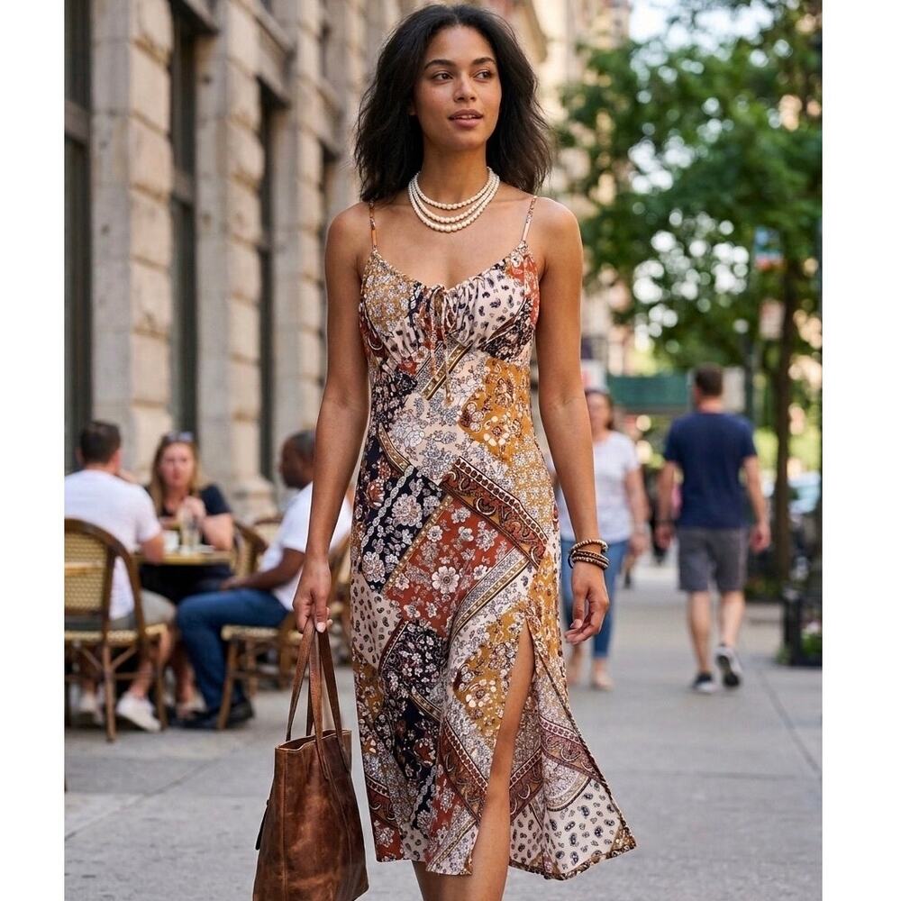 Patchwork Midi Dress Earth Tone Floral Paisley L